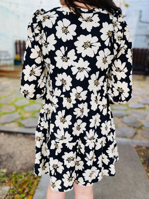 Black Floral Print Tiered Long Sleeve Dress