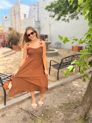 Brown Smocked Midi Dress w/ Bow Strap Detail