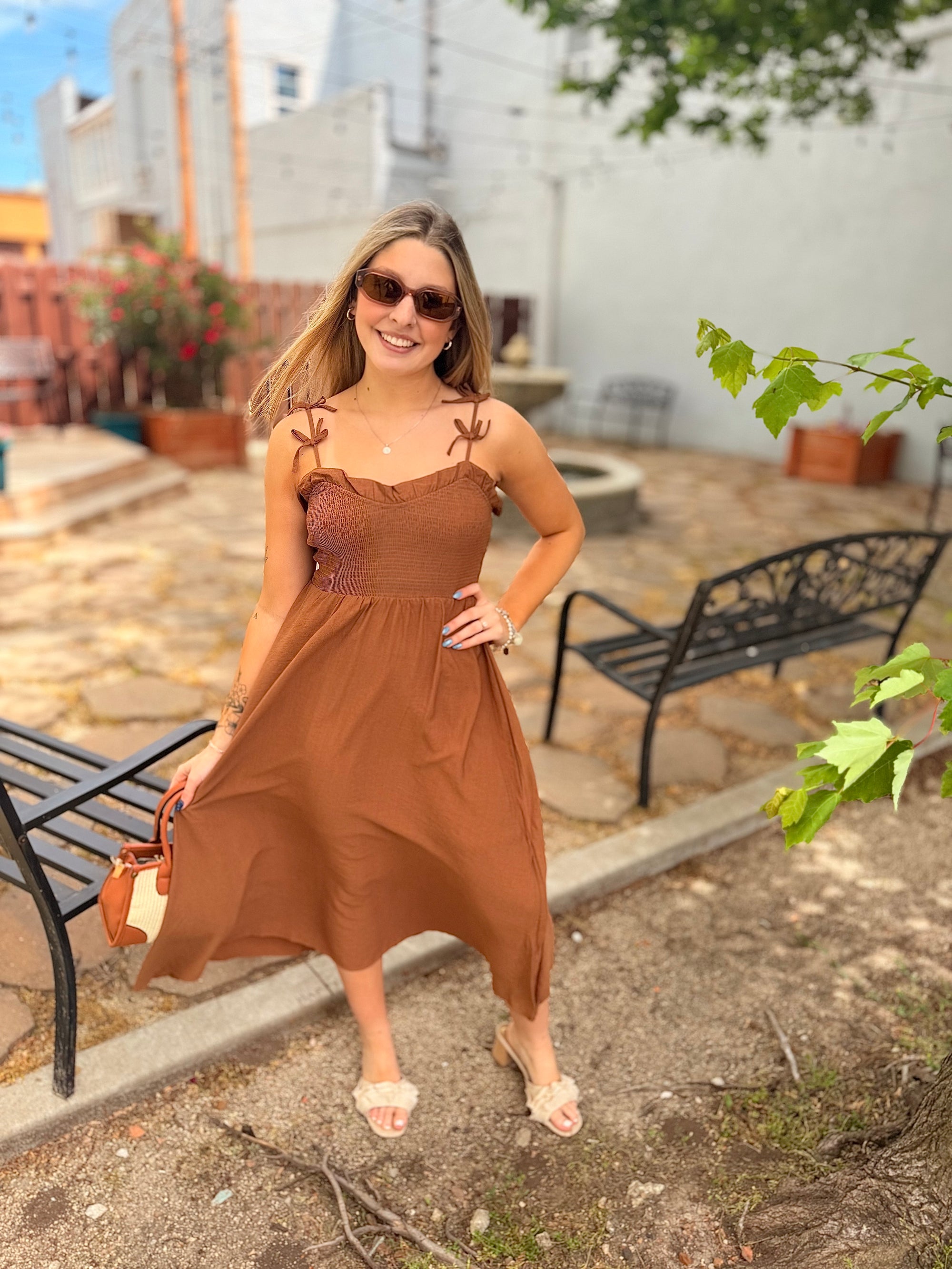 Brown Smocked Midi Dress w/ Bow Strap Detail
