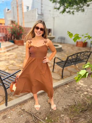 Brown Smocked Midi Dress w/ Bow Strap Detail