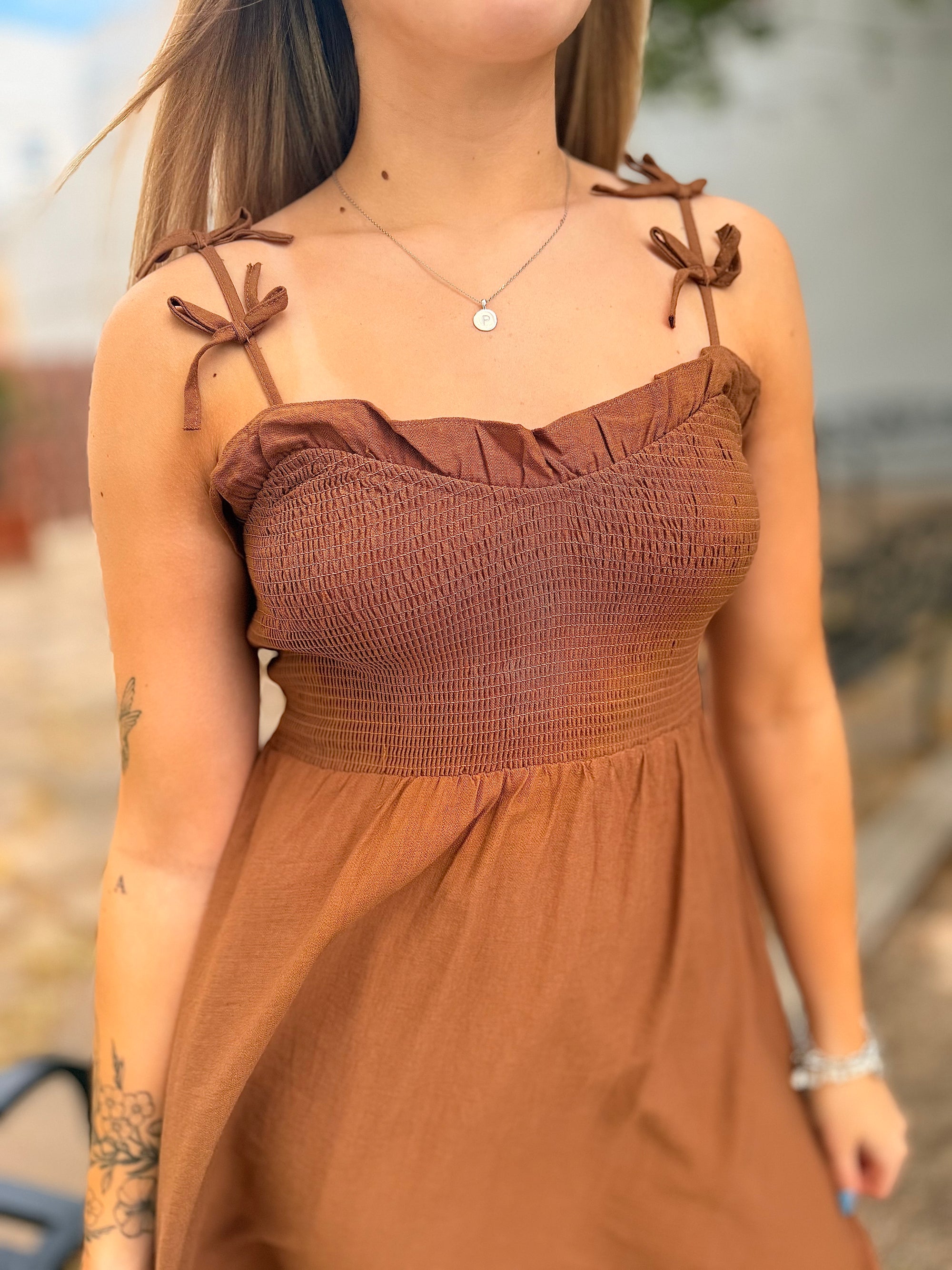 Brown Smocked Midi Dress w/ Bow Strap Detail