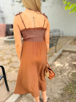 Brown Smocked Midi Dress w/ Bow Strap Detail