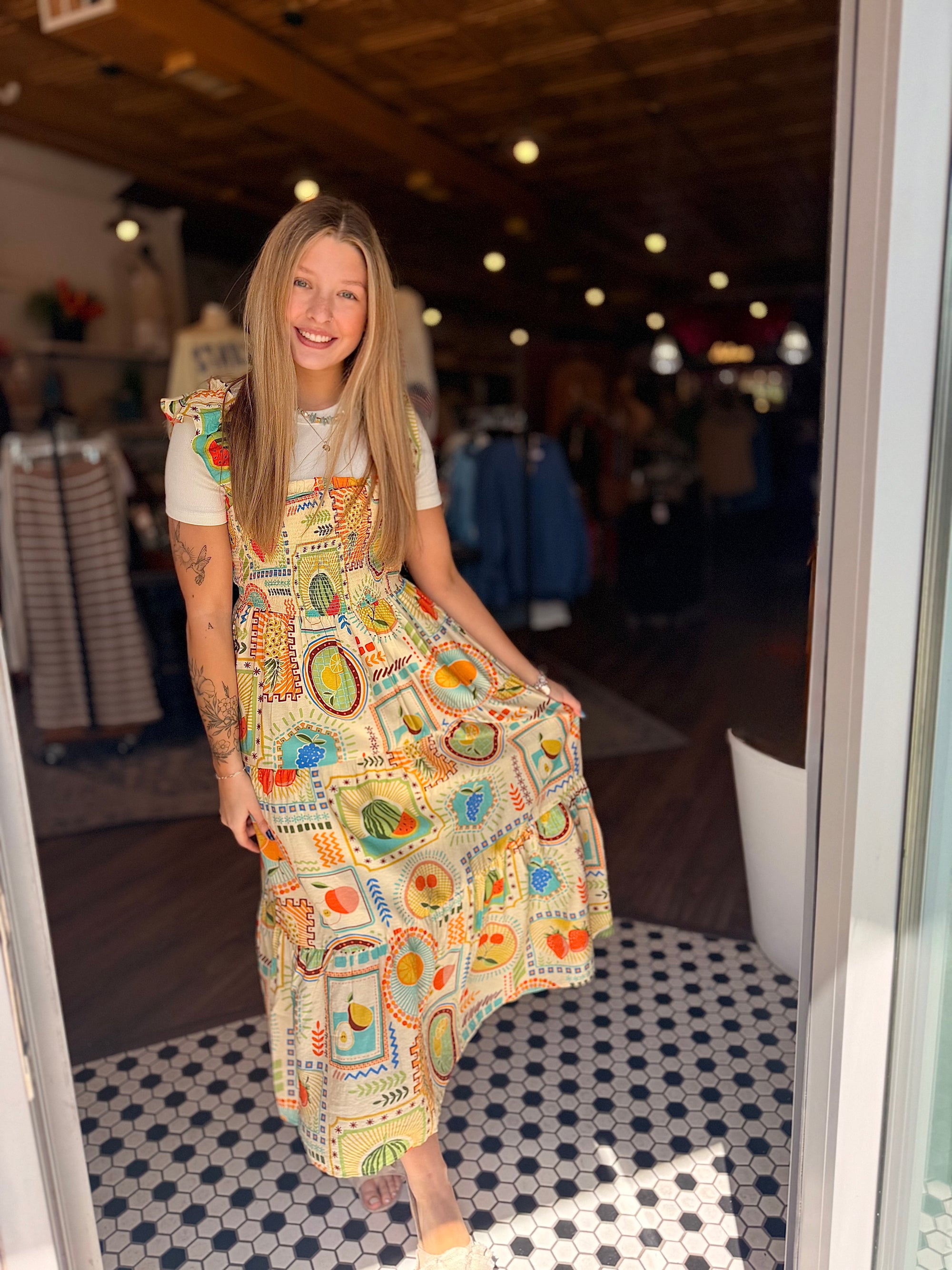 Orange Fruit Print Smocked Midi Dress