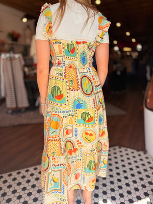 Orange Fruit Print Smocked Midi Dress