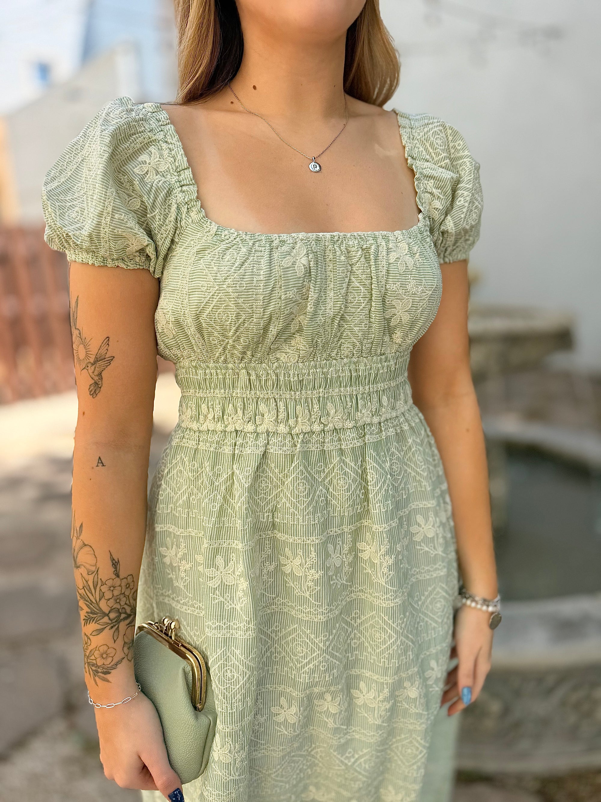 Sage Floral Embroidery Maxi Dress