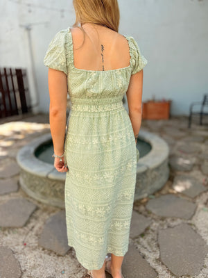 Sage Floral Embroidery Maxi Dress
