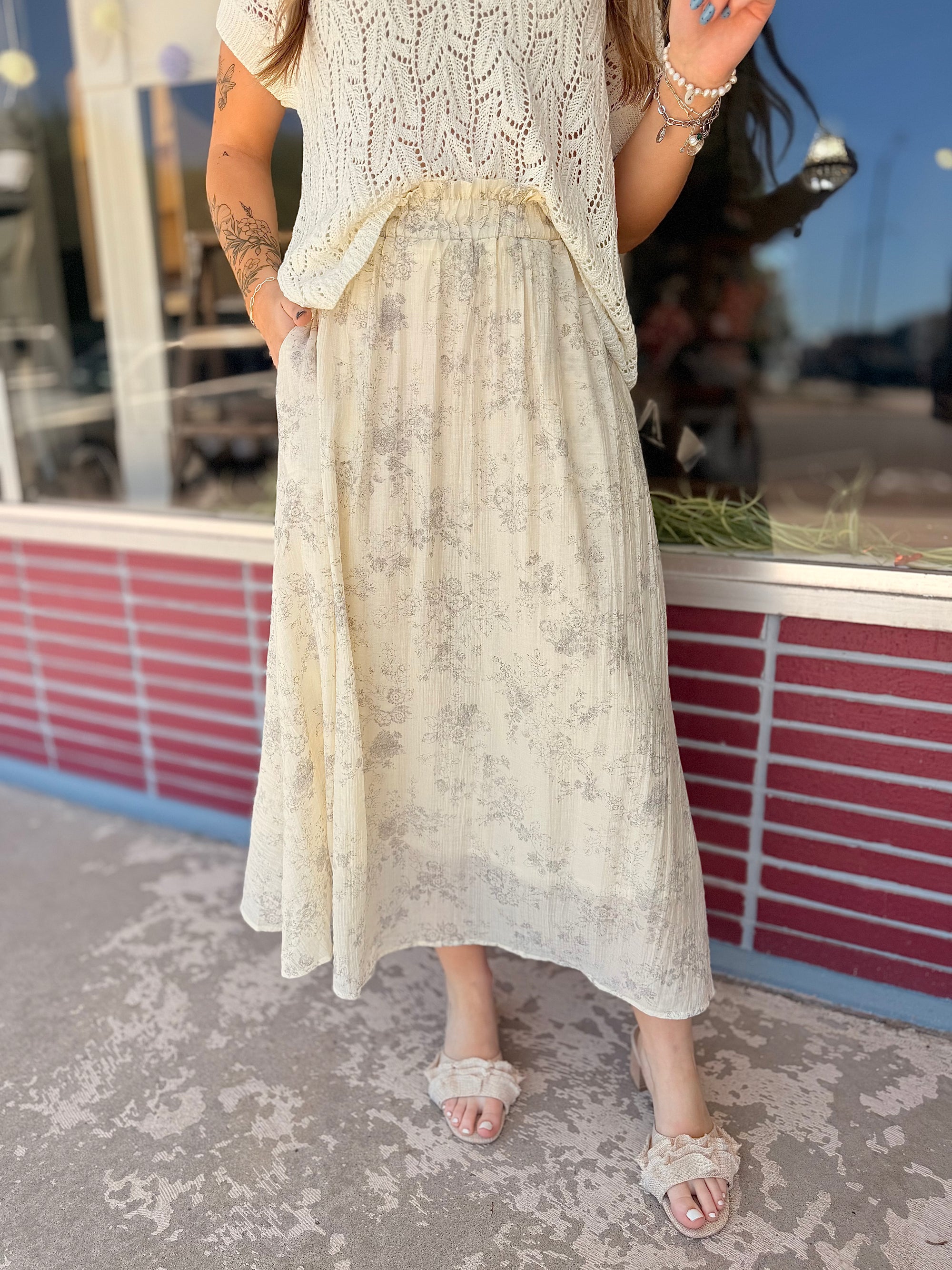 Cream Vintage Floral Midi Skirt
