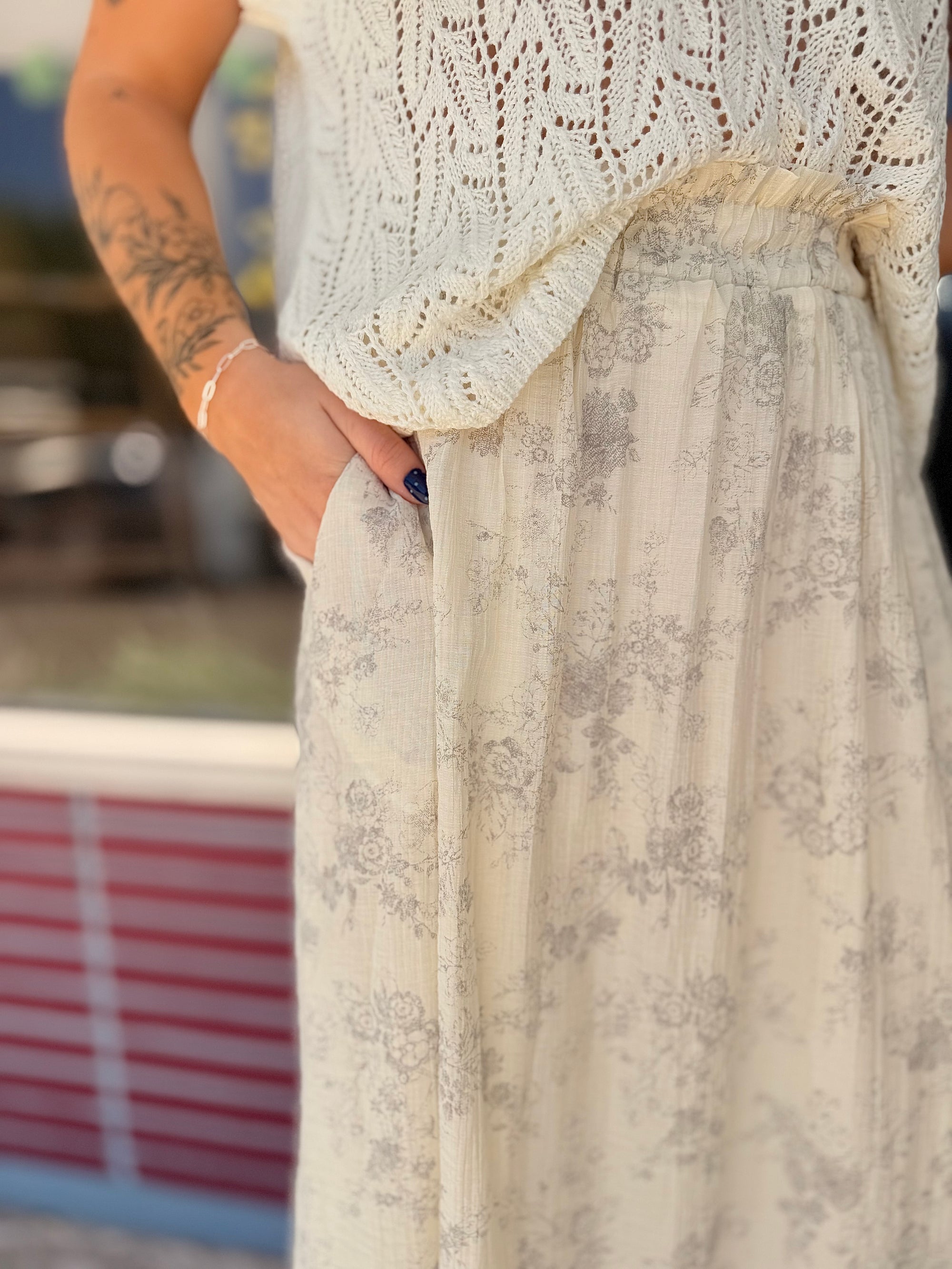 Cream Vintage Floral Midi Skirt
