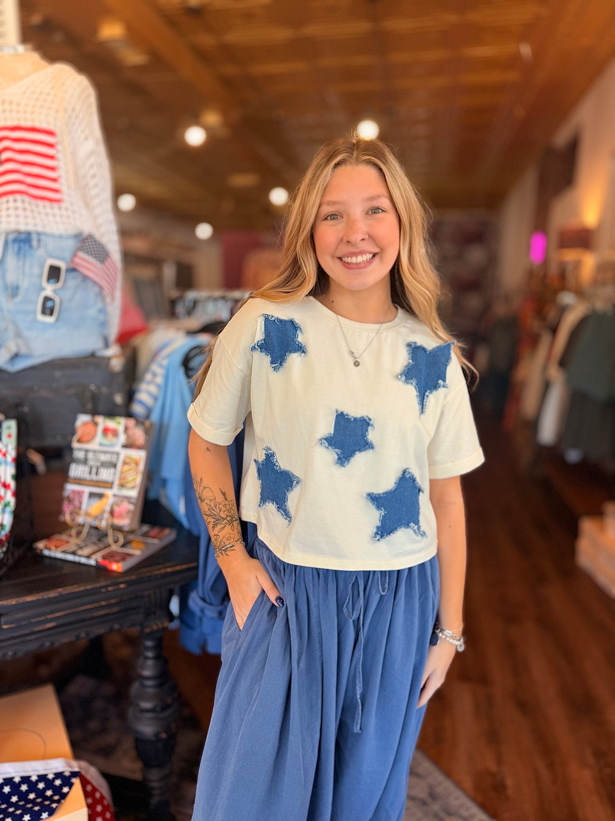 Ivory Denim Star Patch Knit Cropped Top