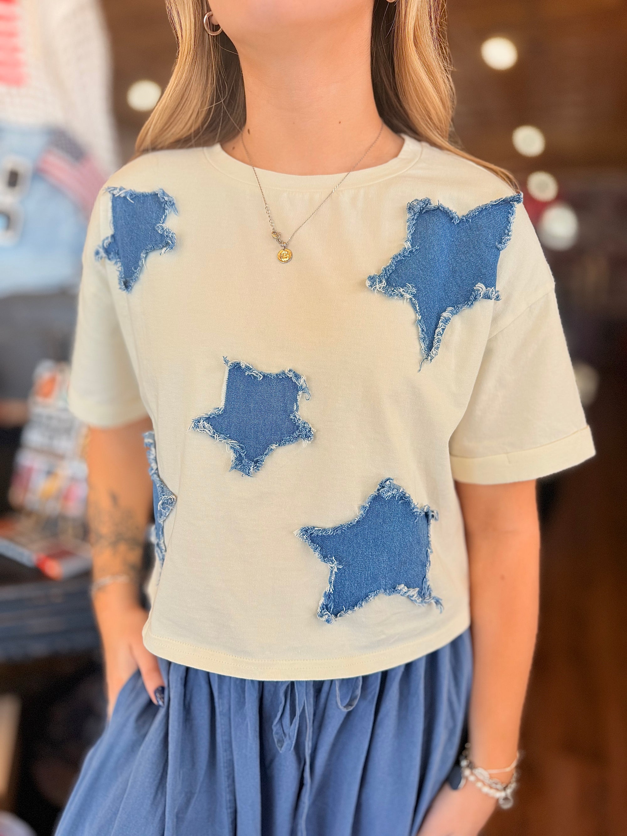 Ivory Denim Star Patch Knit Cropped Top