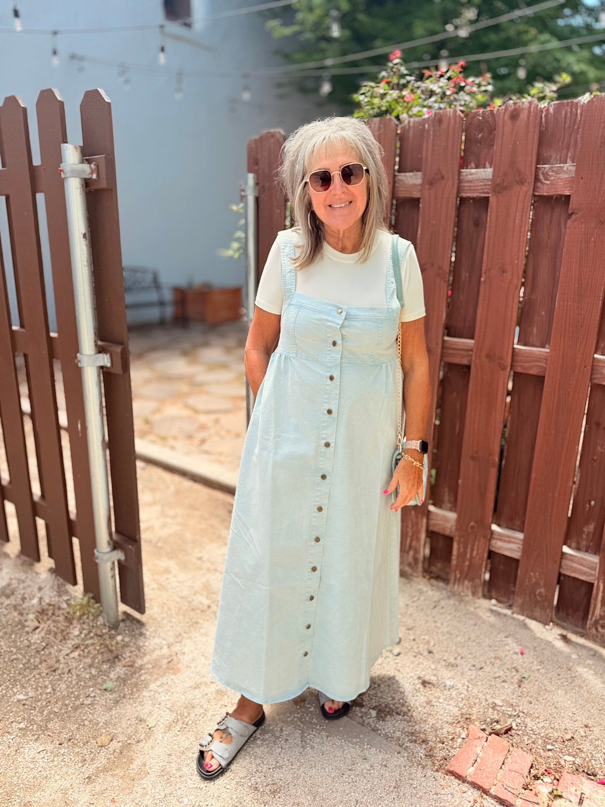 Ice Blue Denim Button Down Sleeveless Maxi Dress