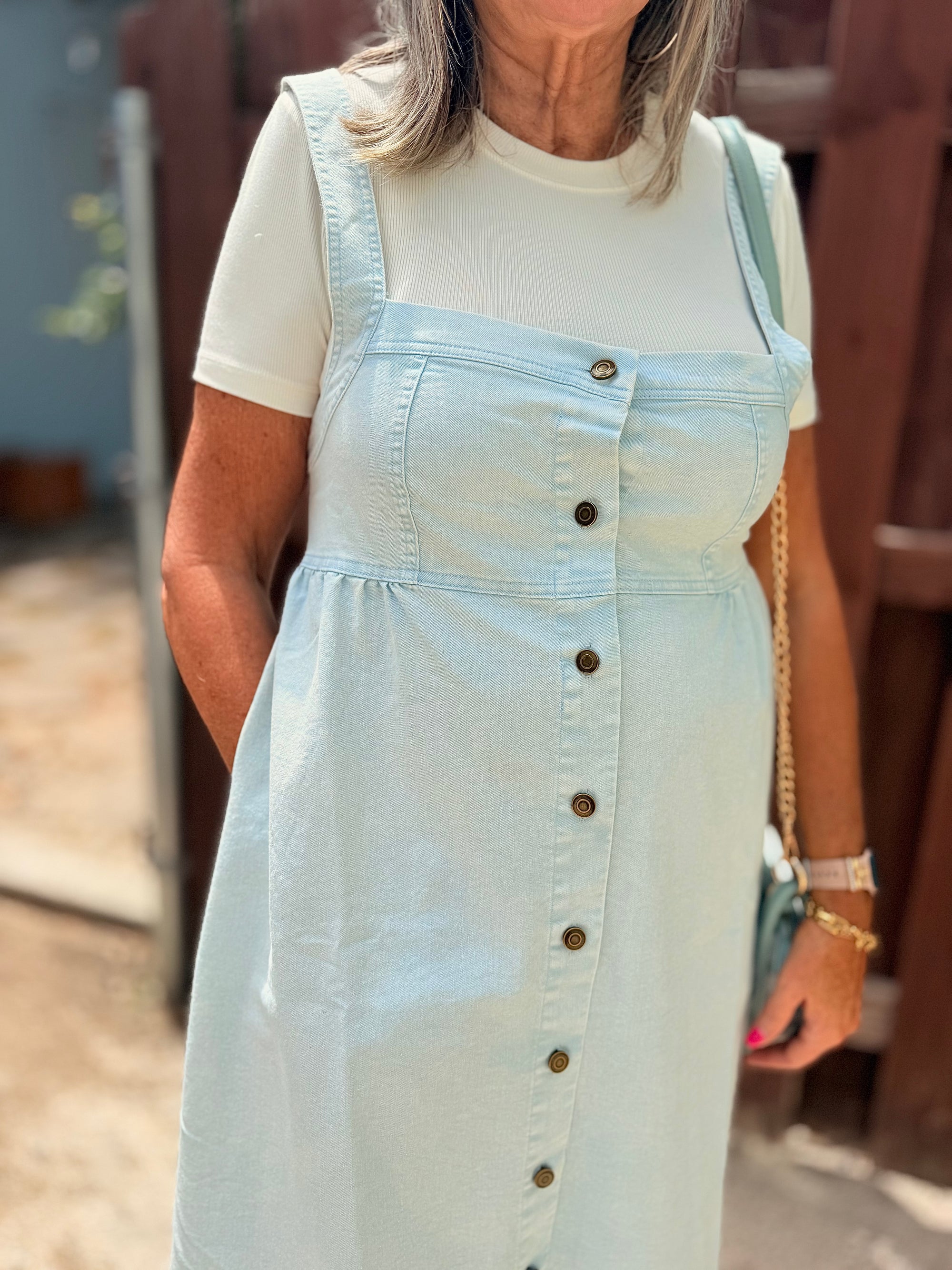 Ice Blue Denim Button Down Sleeveless Maxi Dress
