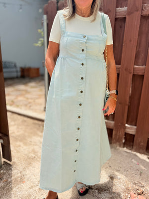 Ice Blue Denim Button Down Sleeveless Maxi Dress