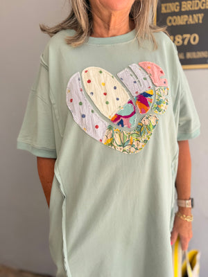 Faded Teal Heart Patch Terry Knit Dress