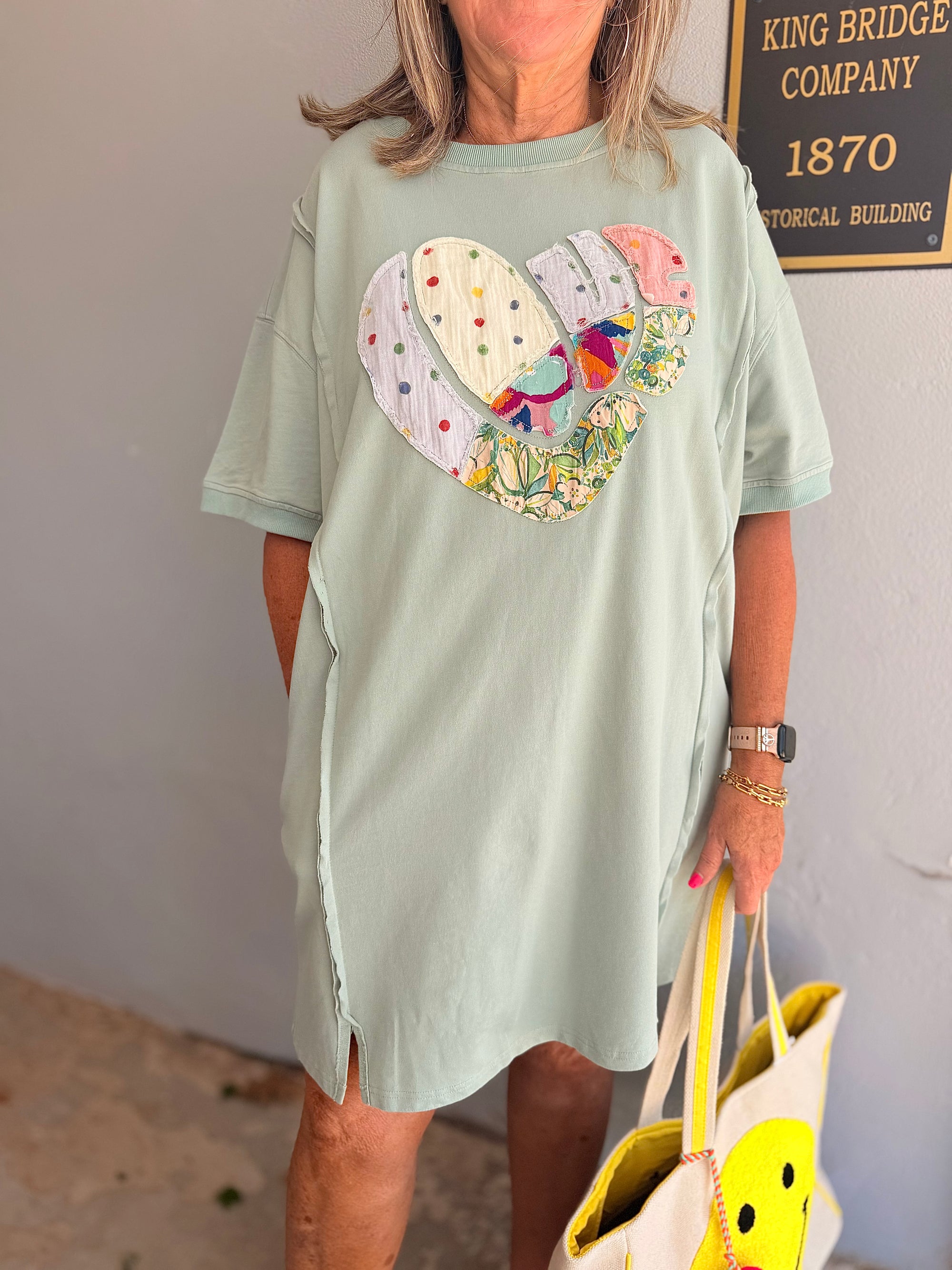 Faded Teal Heart Patch Terry Knit Dress