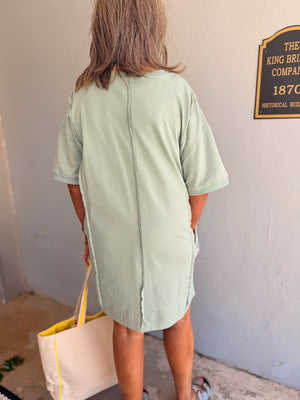 Faded Teal Heart Patch Terry Knit Dress