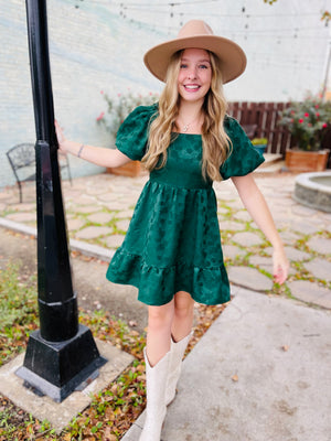 Forest Green Puff Sleeve Applique Dress