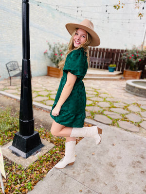 Forest Green Puff Sleeve Applique Dress