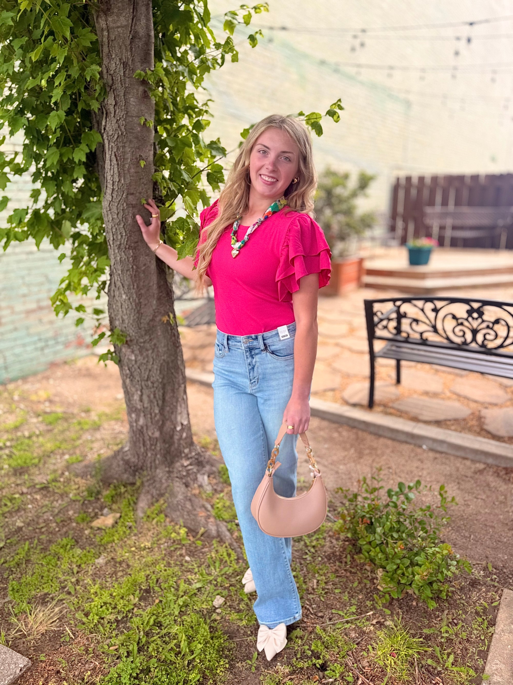 Hot Pink Ruffled Sleeve Ribbed Knit Bodysuit