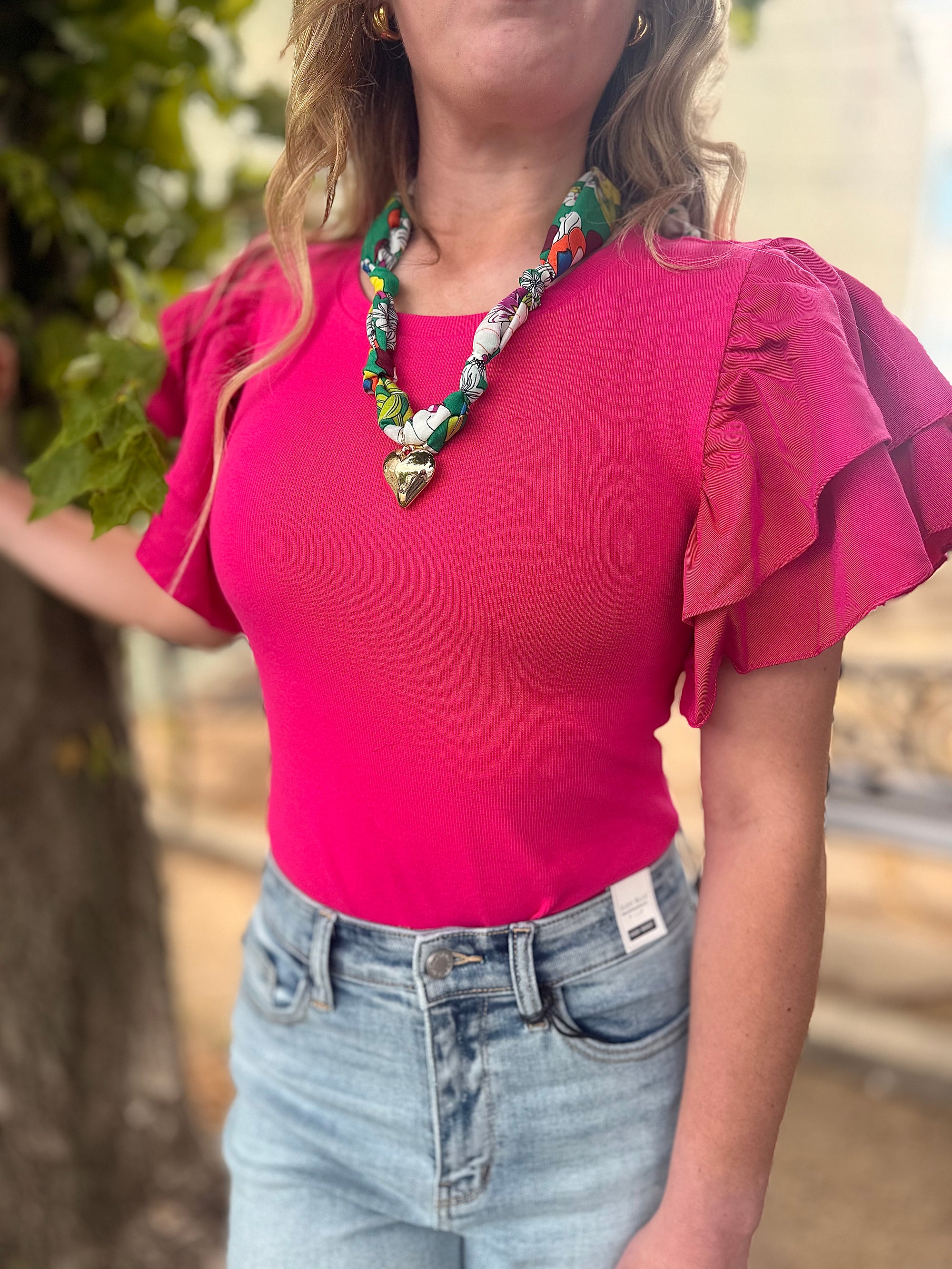 Hot Pink Ruffled Sleeve Ribbed Knit Bodysuit