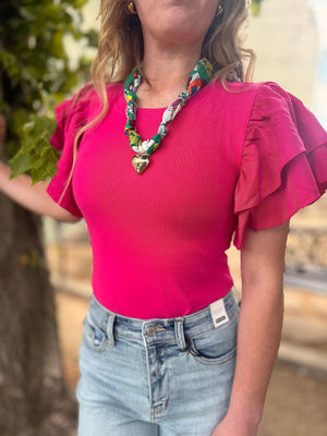 Hot Pink Ruffled Sleeve Ribbed Knit Bodysuit