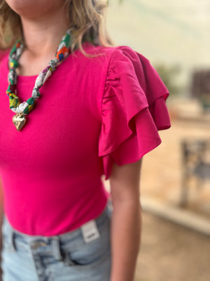 Hot Pink Ruffled Sleeve Ribbed Knit Bodysuit