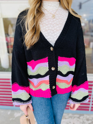 Black Wavy Colorblock Loose Knit Cardigan