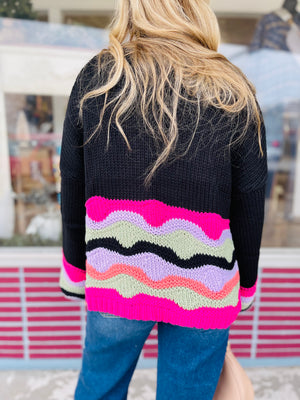 Black Wavy Colorblock Loose Knit Cardigan