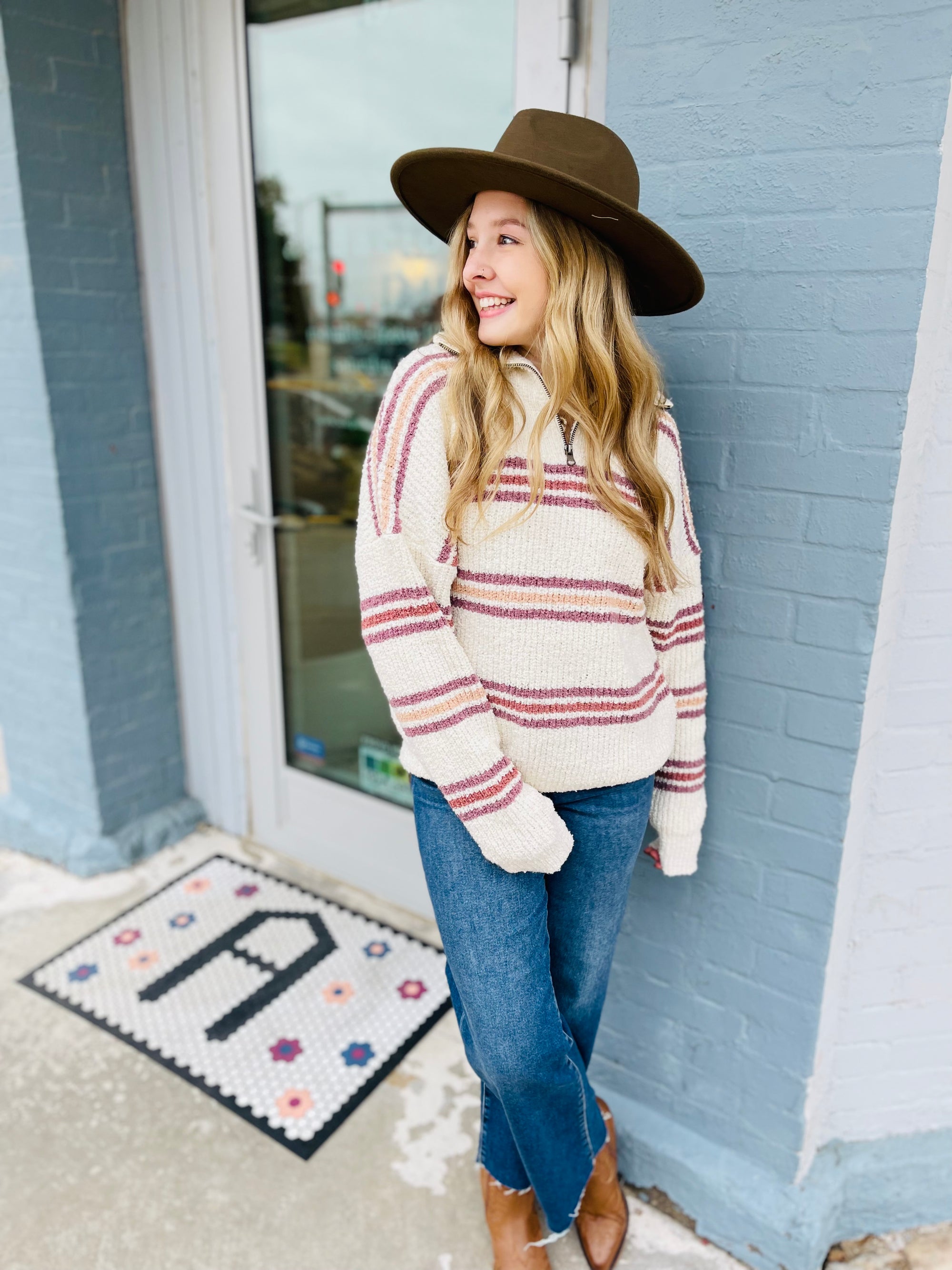 Mauve Stripe Quarter Zip Knit Sweater