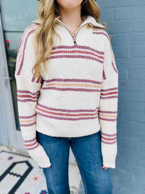 Mauve Stripe Quarter Zip Knit Sweater