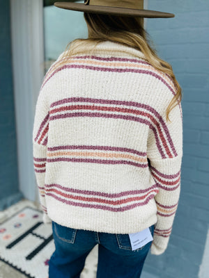 Mauve Stripe Quarter Zip Knit Sweater