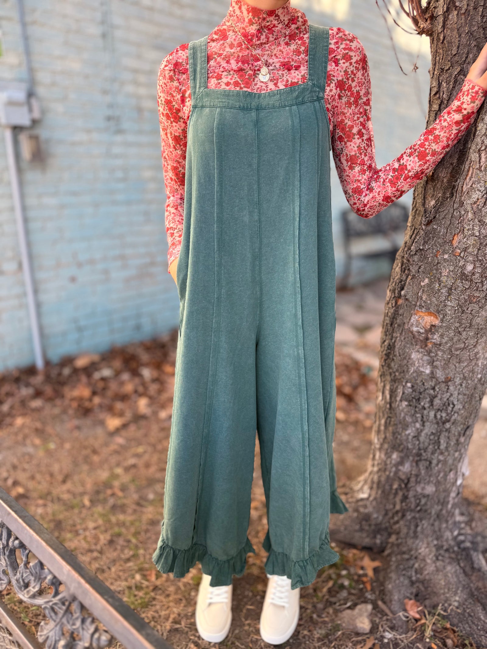 Forest Green Knit Ruffle Bottom Jumpsuit