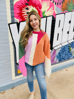 Berry Abstract Colorblock Knit Sweater