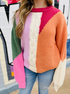 Berry Abstract Colorblock Knit Sweater