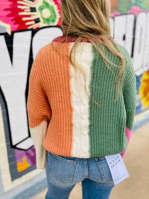 Berry Abstract Colorblock Knit Sweater