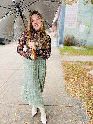 Sage Metallic Gold Pleated Midi Skirt