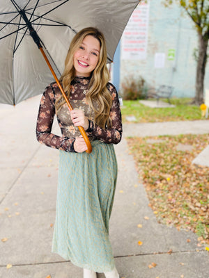 Sage Metallic Gold Pleated Midi Skirt