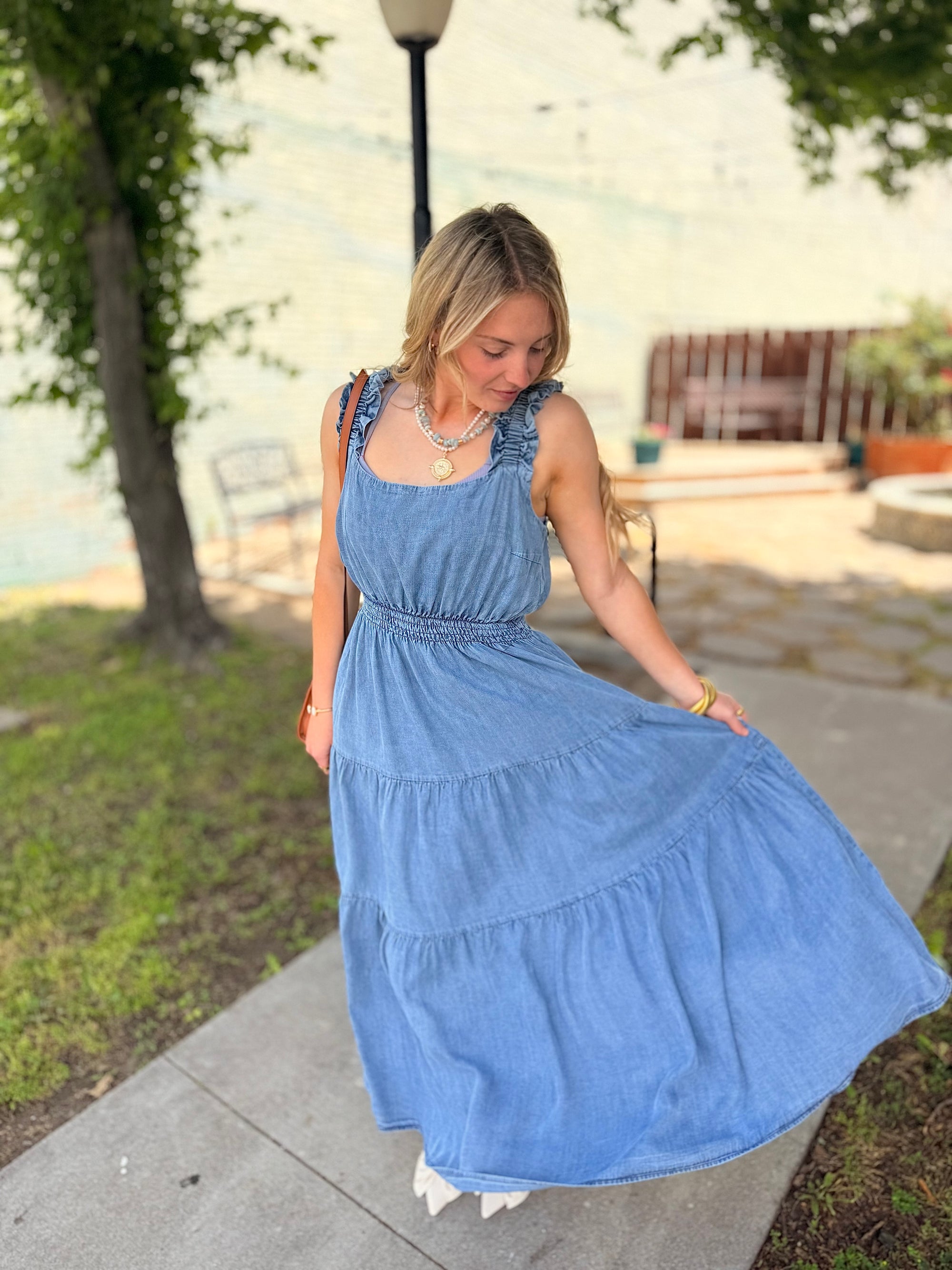 Washed Chambray Tiered Maxi Dress