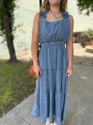 Washed Chambray Tiered Maxi Dress