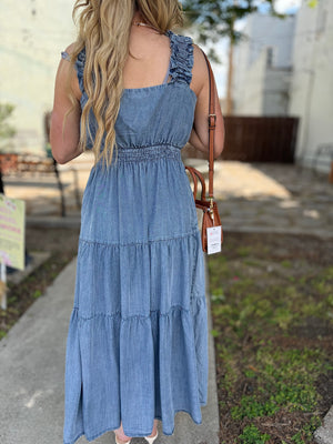 Washed Chambray Tiered Maxi Dress