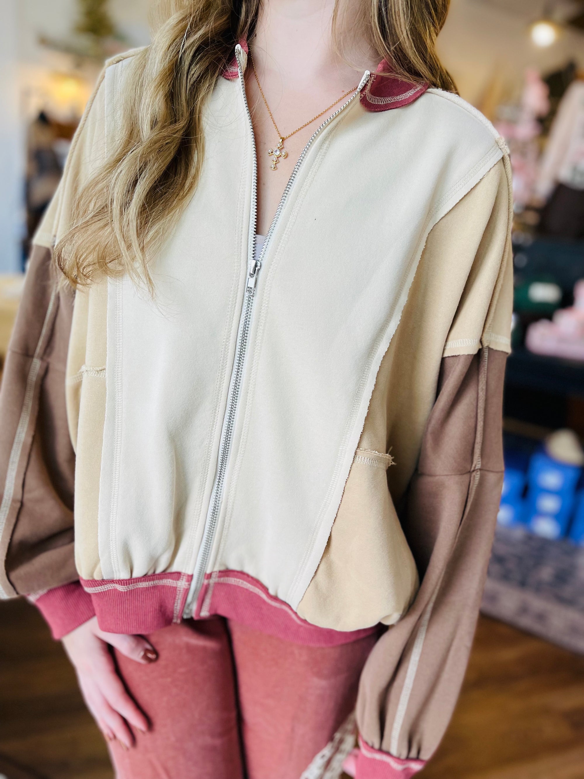 Cream Colorblock Oversized Bomber Jacket