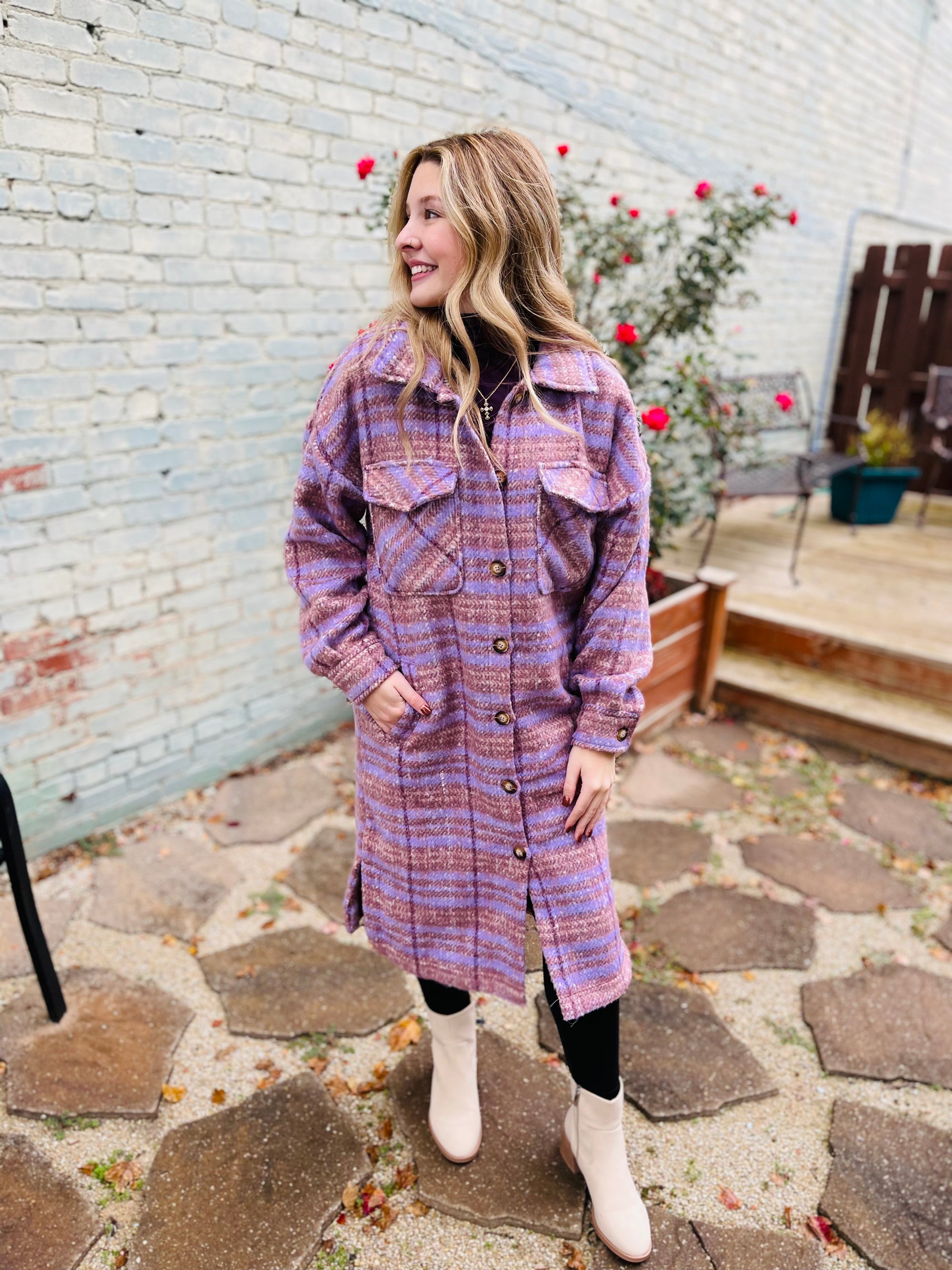 Purple Plaid Long Button Up Coat