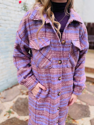 Purple Plaid Long Button Up Coat