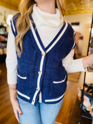 Navy Terry Knit Varsity Sweater Vest