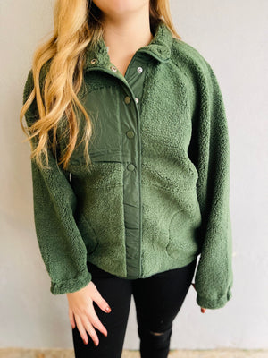 Hunter Green Solid Sherpa Snap Button Jacket