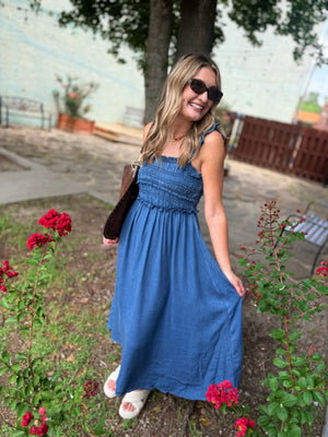 Blu Pepper Denim Smocked Ruffle Strap Midi Dress