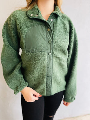 Hunter Green Solid Sherpa Snap Button Jacket