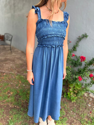 Blu Pepper Denim Smocked Ruffle Strap Midi Dress
