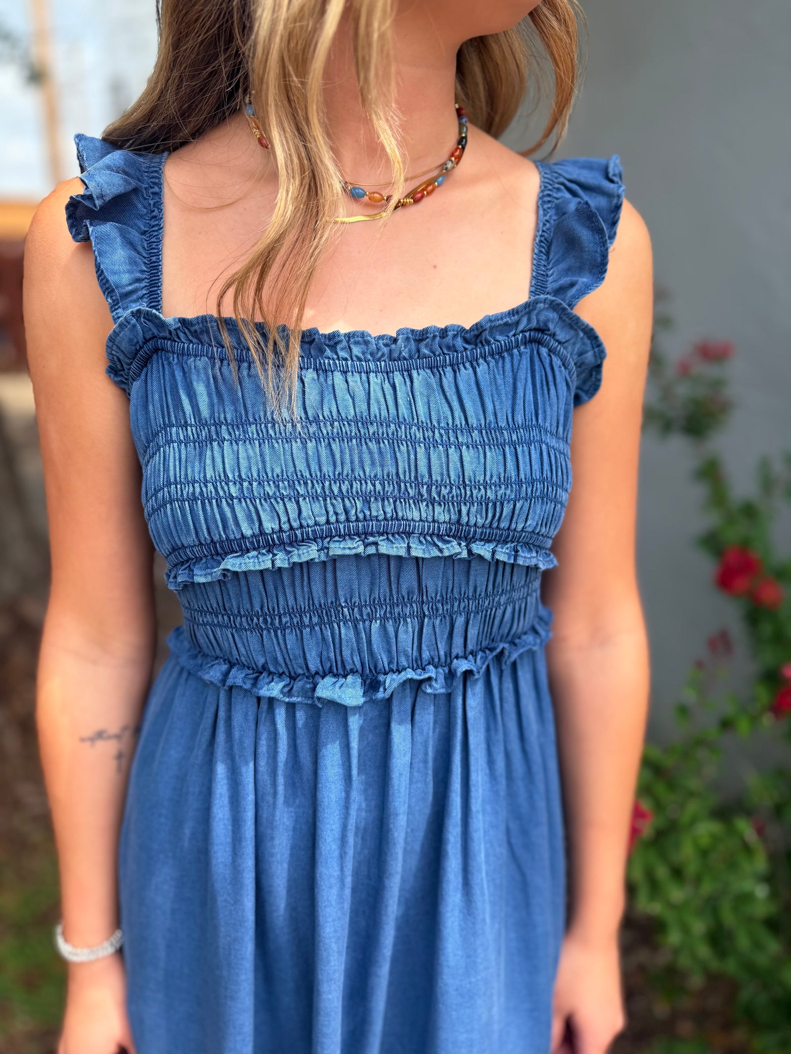 Blu Pepper Denim Smocked Ruffle Strap Midi Dress