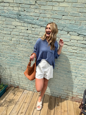 Blu Pepper Blue Split Neck Ribbed Knit Top
